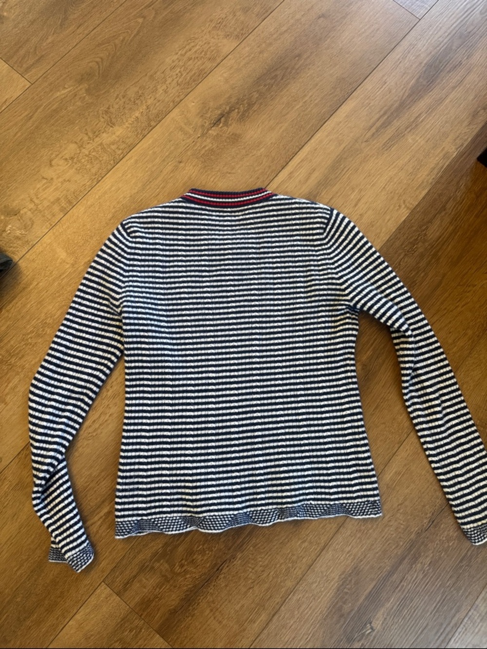 Allude cashmere/wool Striped Navy & White Crewneck Sweater with Red Trim - Picture 5 of 5